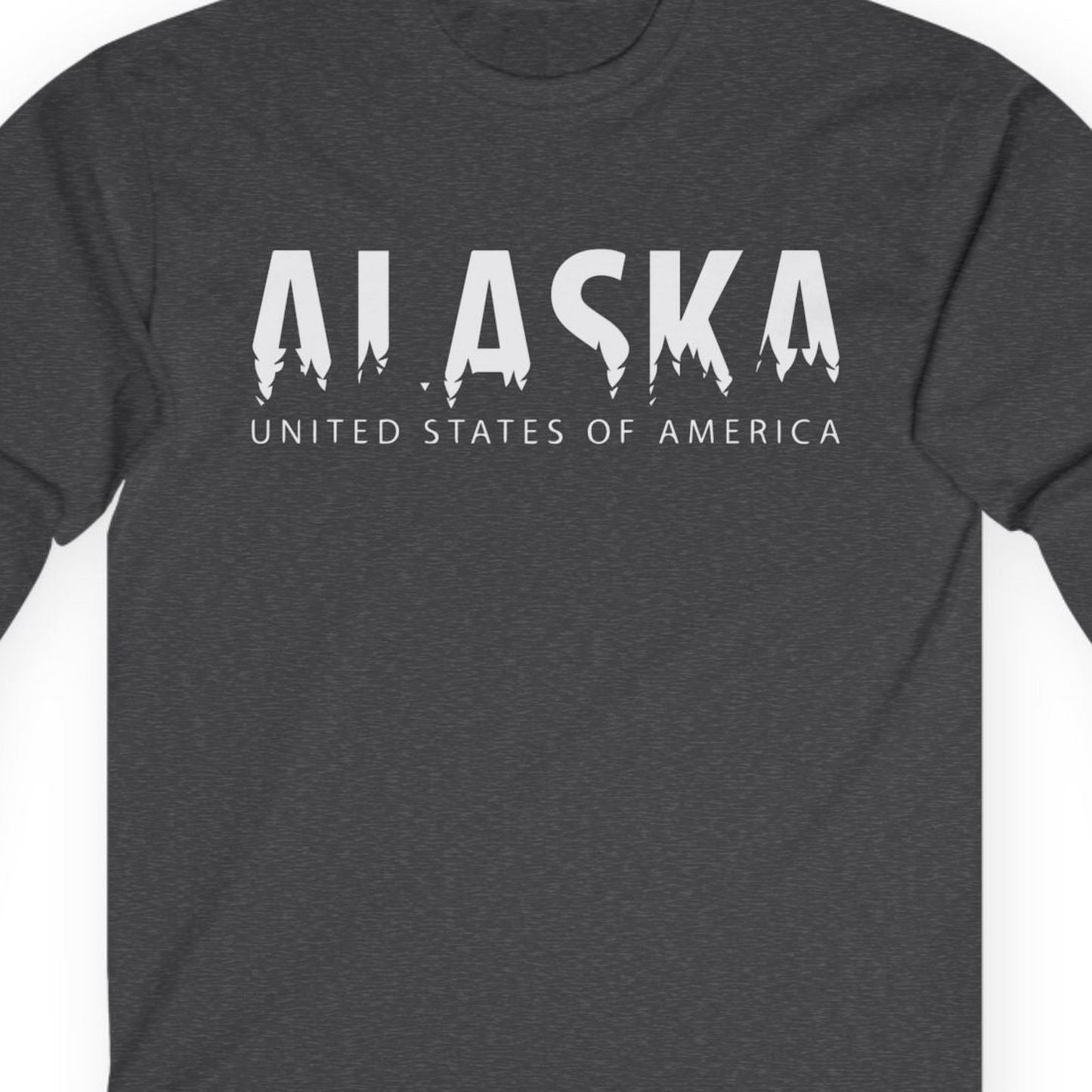 Alaska United States Typography Shirt T-Shirt – Dark Heather – Alaska Cruise Shirts Close Up