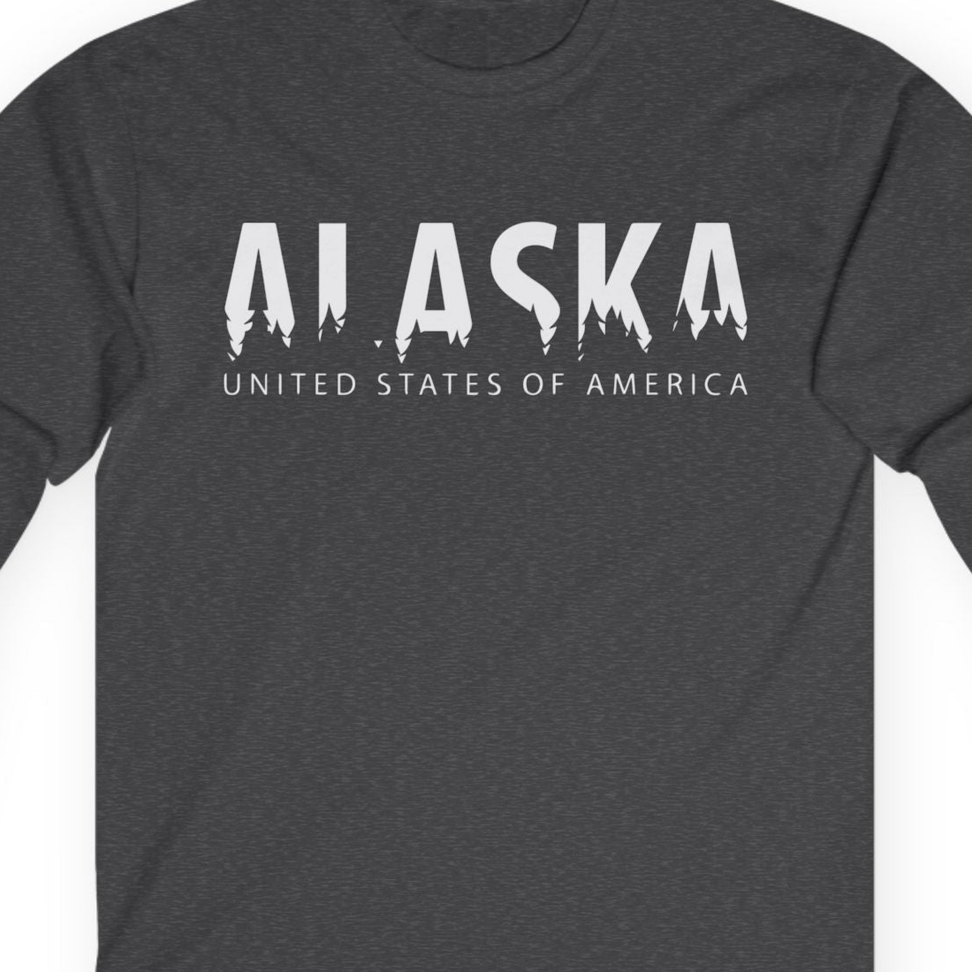 Alaska United States Typography Shirt T-Shirt – Dark Heather – Alaska Cruise Shirts Close Up