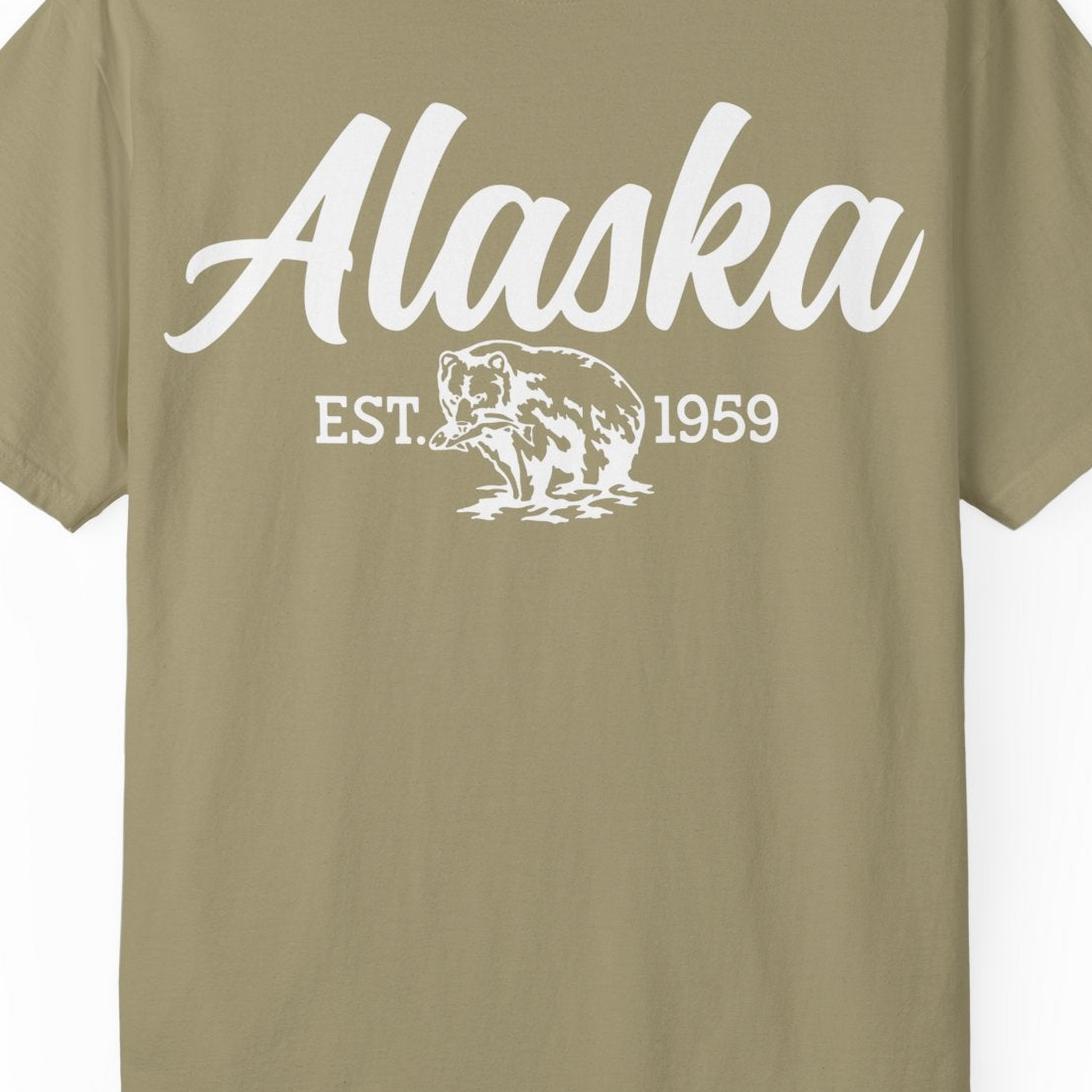 Alaska Bear Est 1959 Vintage Wildlife Graphic Monochrome Shirt — Comfort T-Shirt – Khaki – Alaska Cruise Shirts Close Up