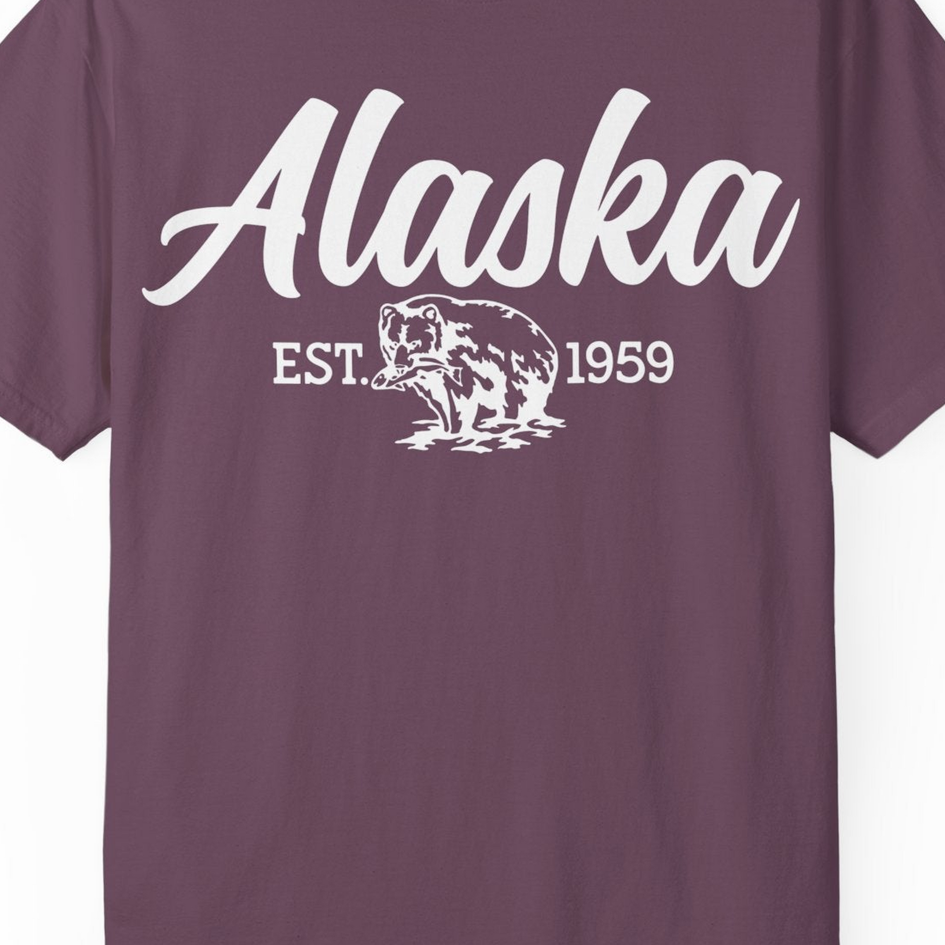 Alaska Bear Est 1959 Vintage Wildlife Graphic Monochrome Shirt — Comfort T-Shirt – Berry – Alaska Cruise Shirts Close Up
