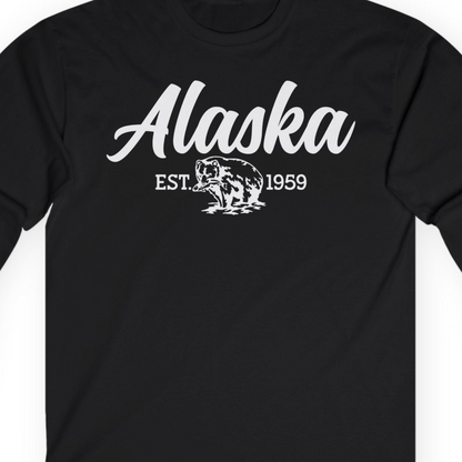Alaska Bear Est 1959 Vintage Wildlife Graphic Monochrome Shirt — Long Sleeve T-Shirt – Black – Alaska Cruise Shirts Close Up