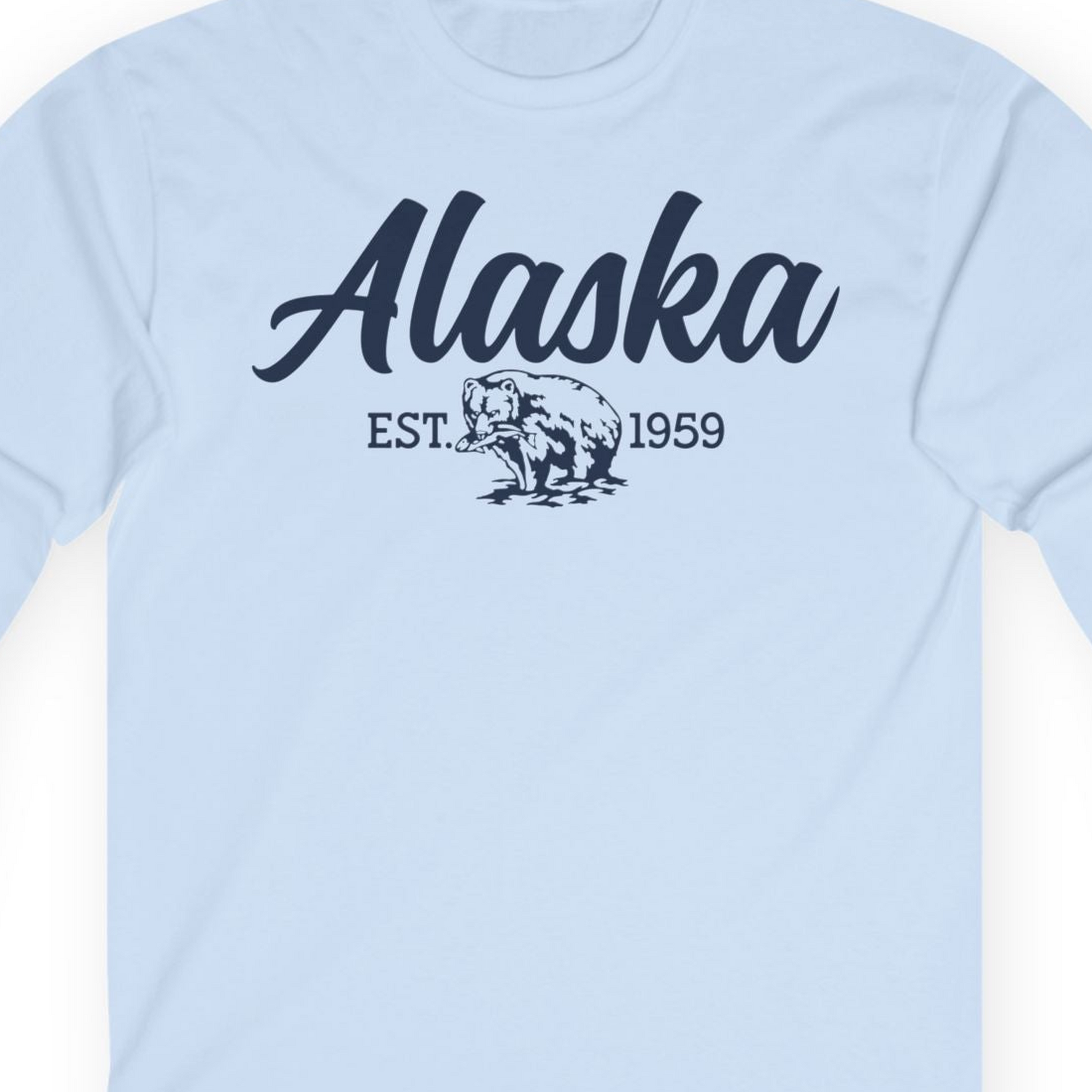 Alaska Bear Est 1959 Vintage Wildlife Graphic Monochrome Shirt — Long Sleeve T-Shirt – Light Blue – Alaska Cruise Shirts Close Up