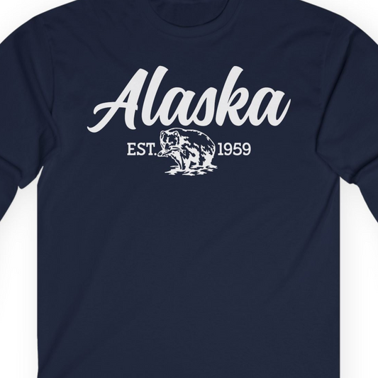 Alaska Bear Est 1959 Vintage Wildlife Graphic Monochrome Shirt — Long Sleeve T-Shirt – Navy – Alaska Cruise Shirts Close Up