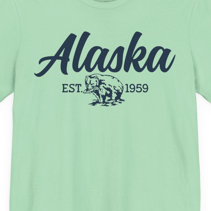 Alaska Bear Est 1959 Vintage Wildlife Graphic Monochrome Shirt — Premium Tee T-Shirt – Mint – Alaska Cruise Shirts Close Up
