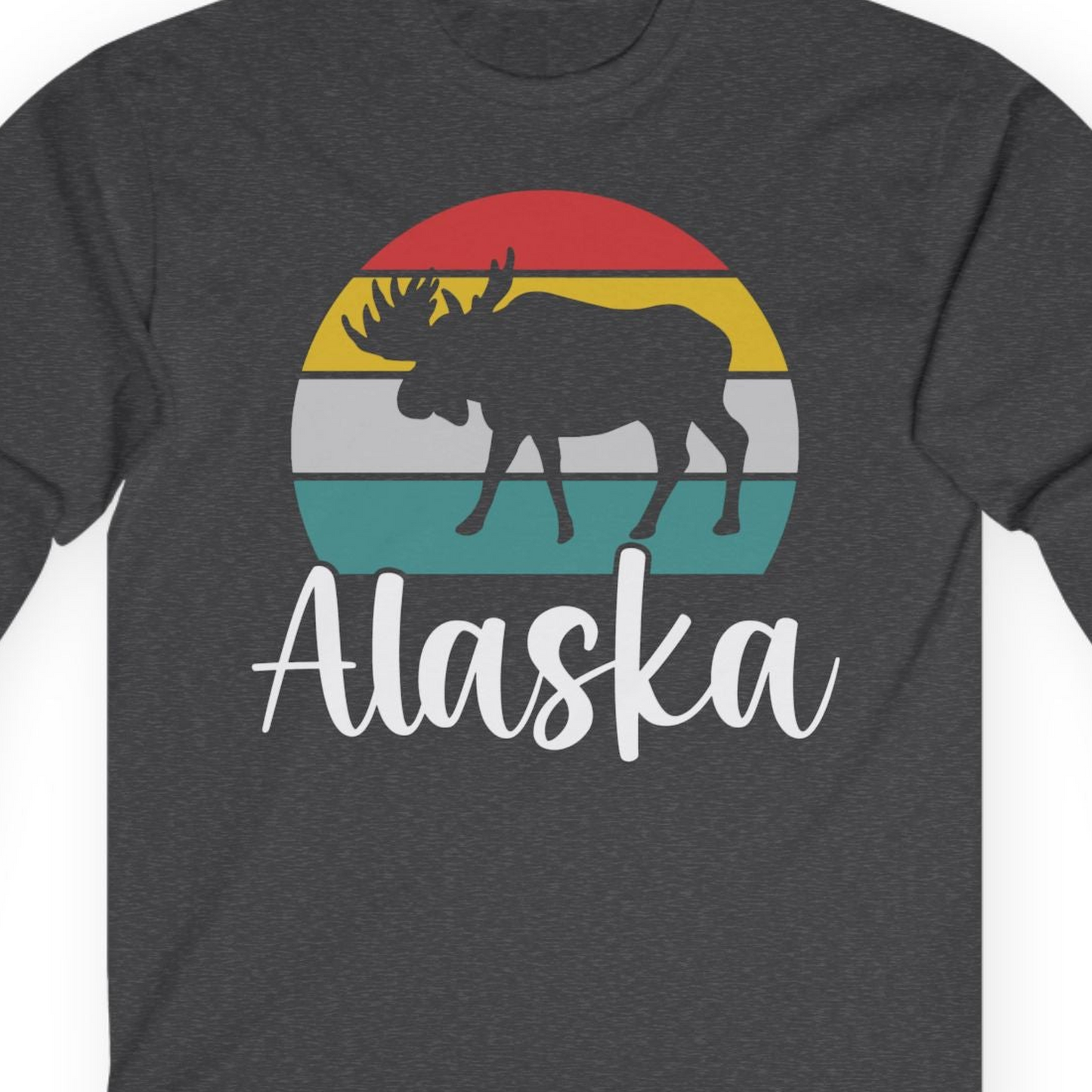 Retro Alaska Moose Silhouette Shirt T-Shirt – Dark Heather – Alaska Cruise Shirts Close Up