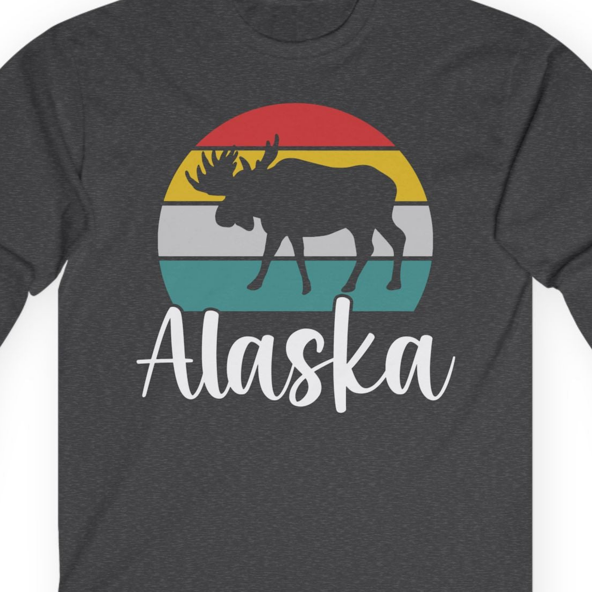 Retro Alaska Moose Silhouette Shirt T-Shirt – Dark Heather – Alaska Cruise Shirts Close Up