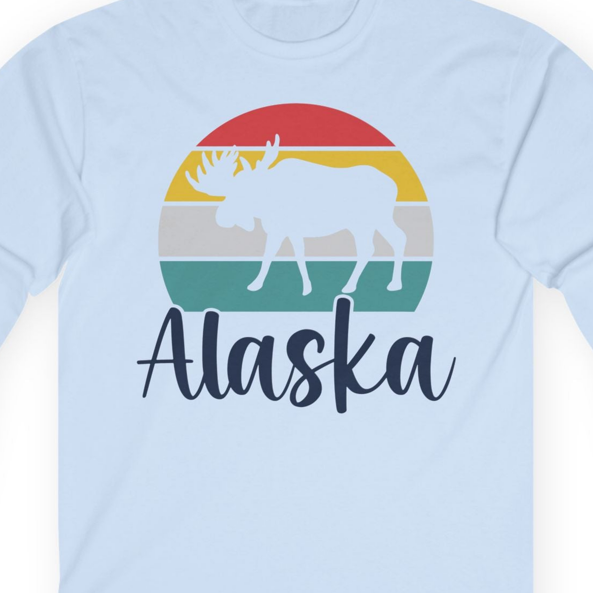 Retro Alaska Moose Silhouette Shirt T-Shirt – Light Blue – Alaska Cruise Shirts Close Up