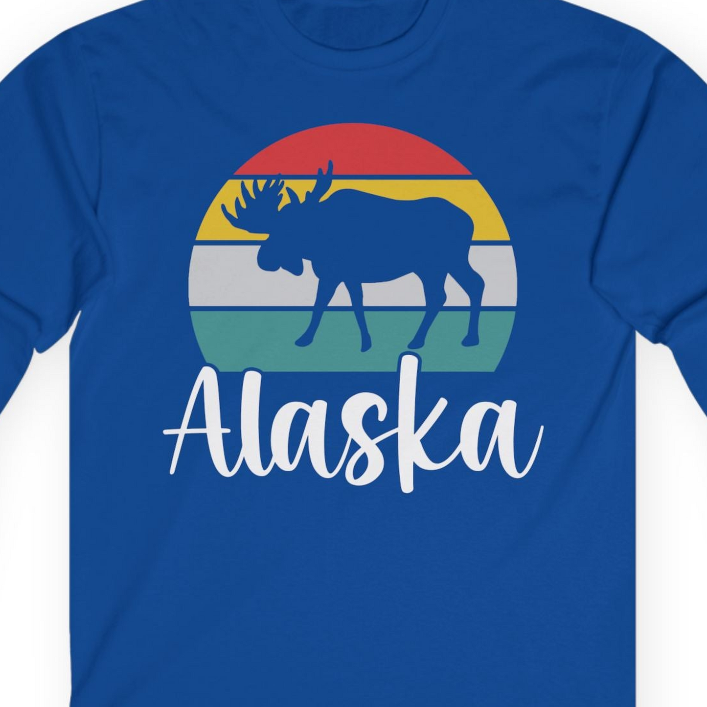 Retro Alaska Moose Silhouette Shirt T-Shirt – Royal – Alaska Cruise Shirts Close Up