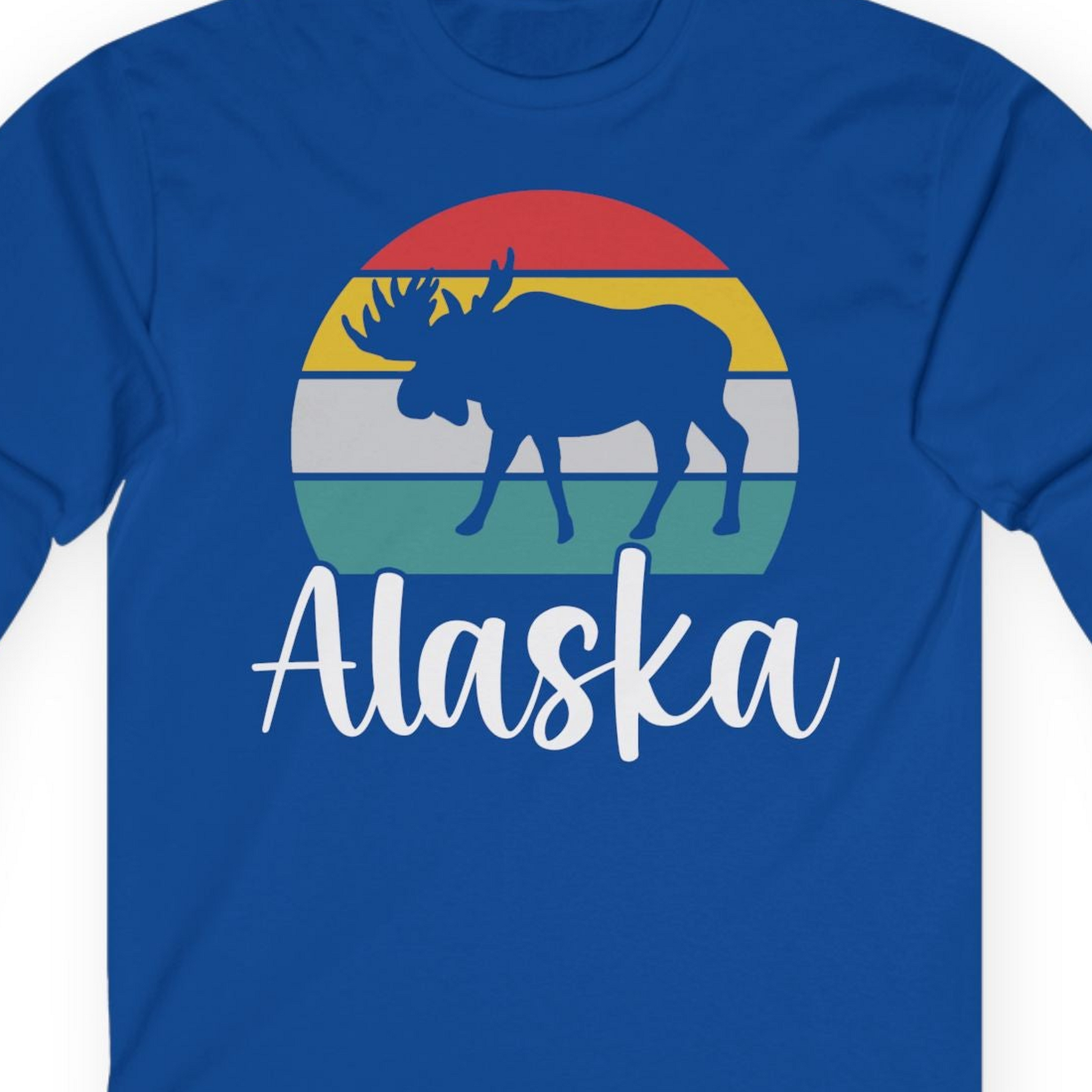 Retro Alaska Moose Silhouette Shirt T-Shirt – Royal – Alaska Cruise Shirts Close Up