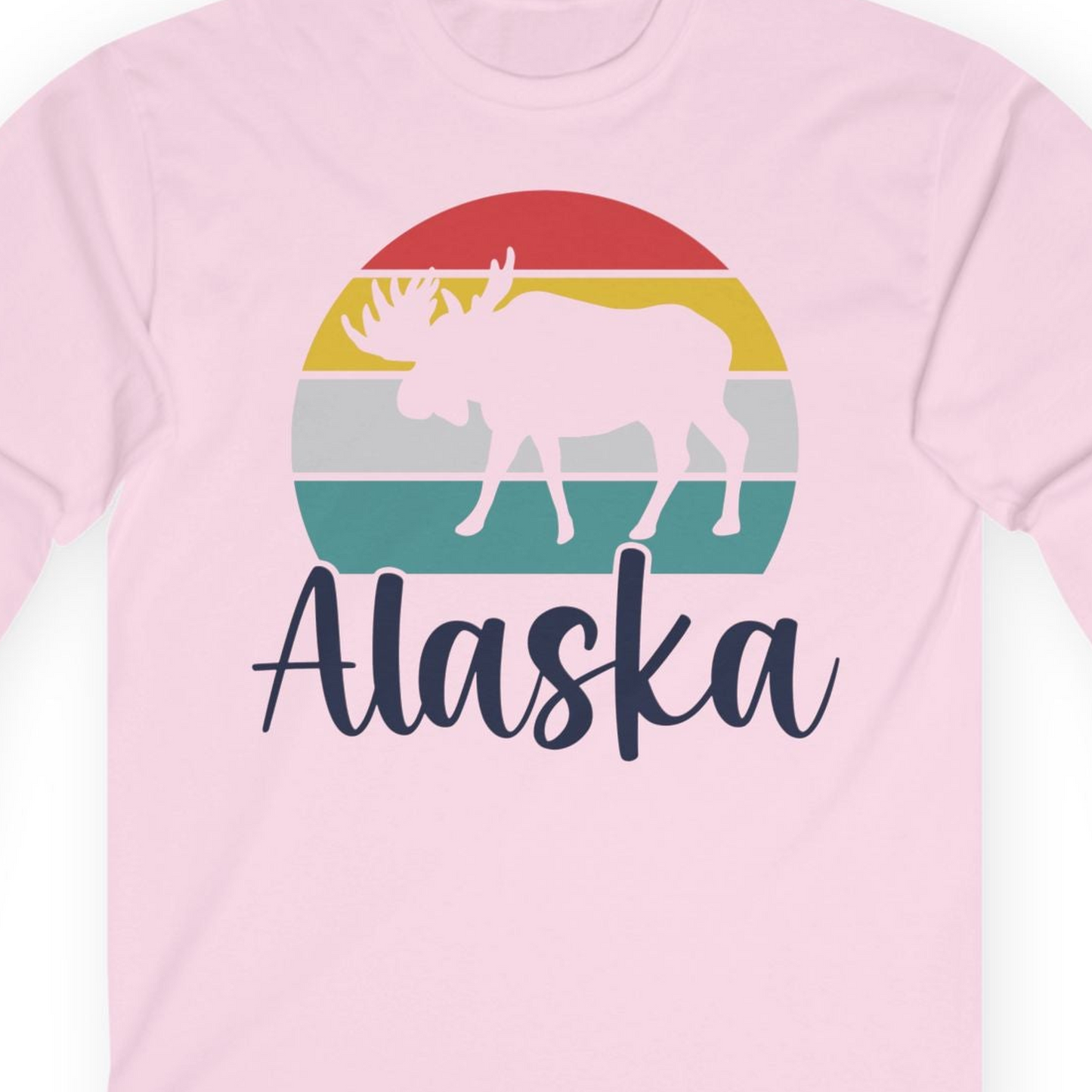 Retro Alaska Moose Silhouette Shirt T-Shirt – Light Pink – Alaska Cruise Shirts Close Up
