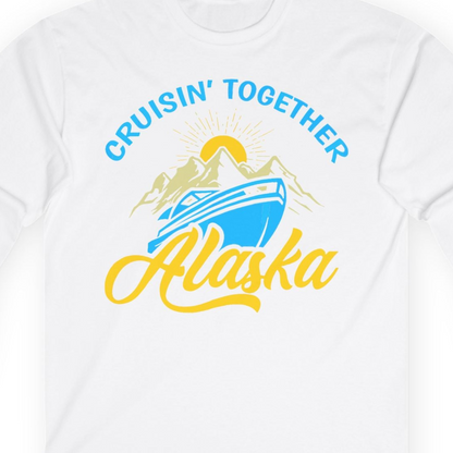 Alaska Cruise Adventure Mountains Sunrise Retro Shirt for Travelers — Long Sleeve T-Shirt – White – Alaska Cruise Shirts Close Up