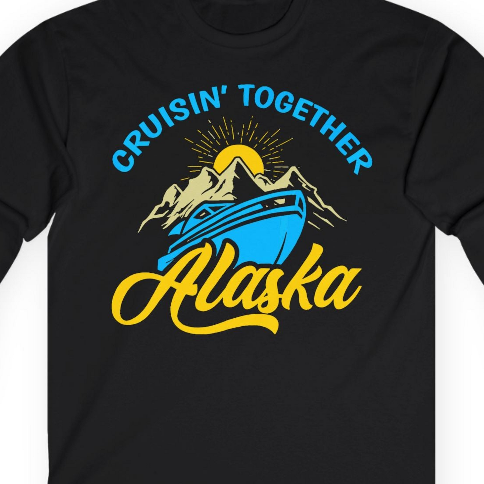Alaska Cruise Adventure Mountains Sunrise Retro Shirt for Travelers — Long Sleeve T-Shirt – Black – Alaska Cruise Shirts Close Up