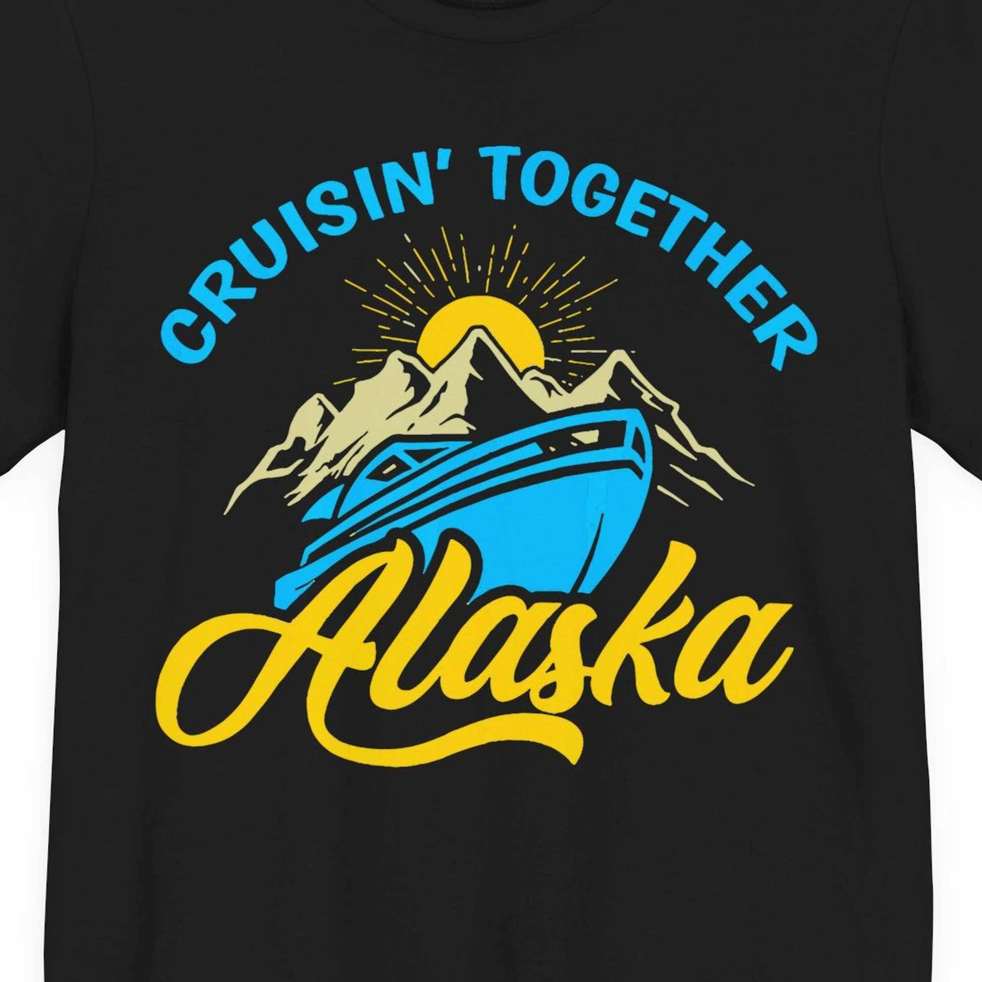 Alaska Cruise Adventure Mountains Sunrise Retro Shirt for Travelers — Premium Tee T-Shirt – Black – Alaska Cruise Shirts Close Up