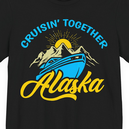 Alaska Cruise Adventure Mountains Sunrise Retro Shirt for Travelers — Premium Tee T-Shirt – Black – Alaska Cruise Shirts Close Up