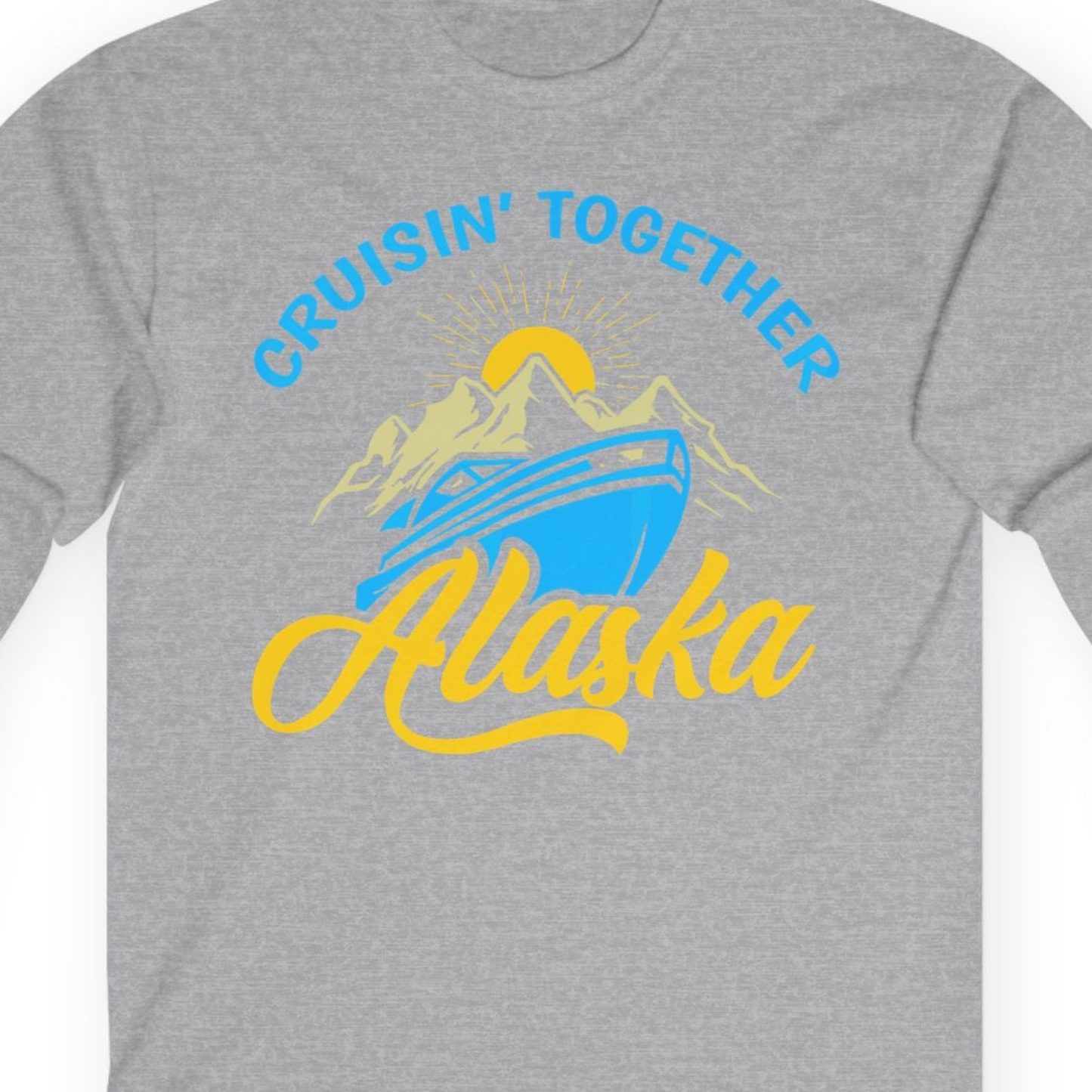 Alaska Cruise Adventure Mountains Sunrise Retro Shirt for Travelers — Long Sleeve T-Shirt – Sport Grey – Alaska Cruise Shirts Close Up