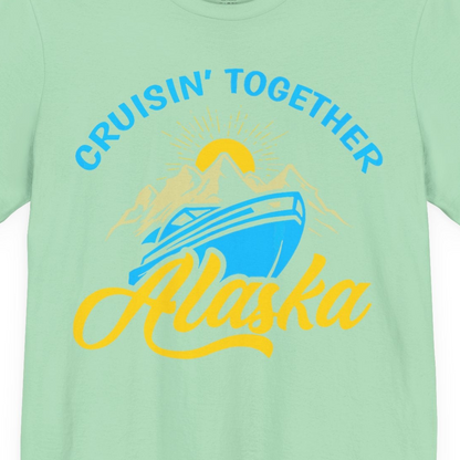 Alaska Cruise Adventure Mountains Sunrise Retro Shirt for Travelers — Premium Tee T-Shirt – Mint – Alaska Cruise Shirts Close Up