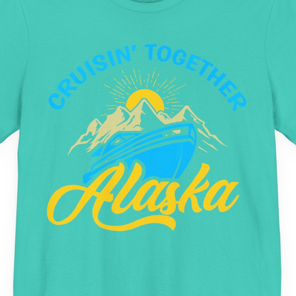 Alaska Cruise Adventure Mountains Sunrise Retro Shirt for Travelers — Premium Tee T-Shirt – Teal – Alaska Cruise Shirts Close Up
