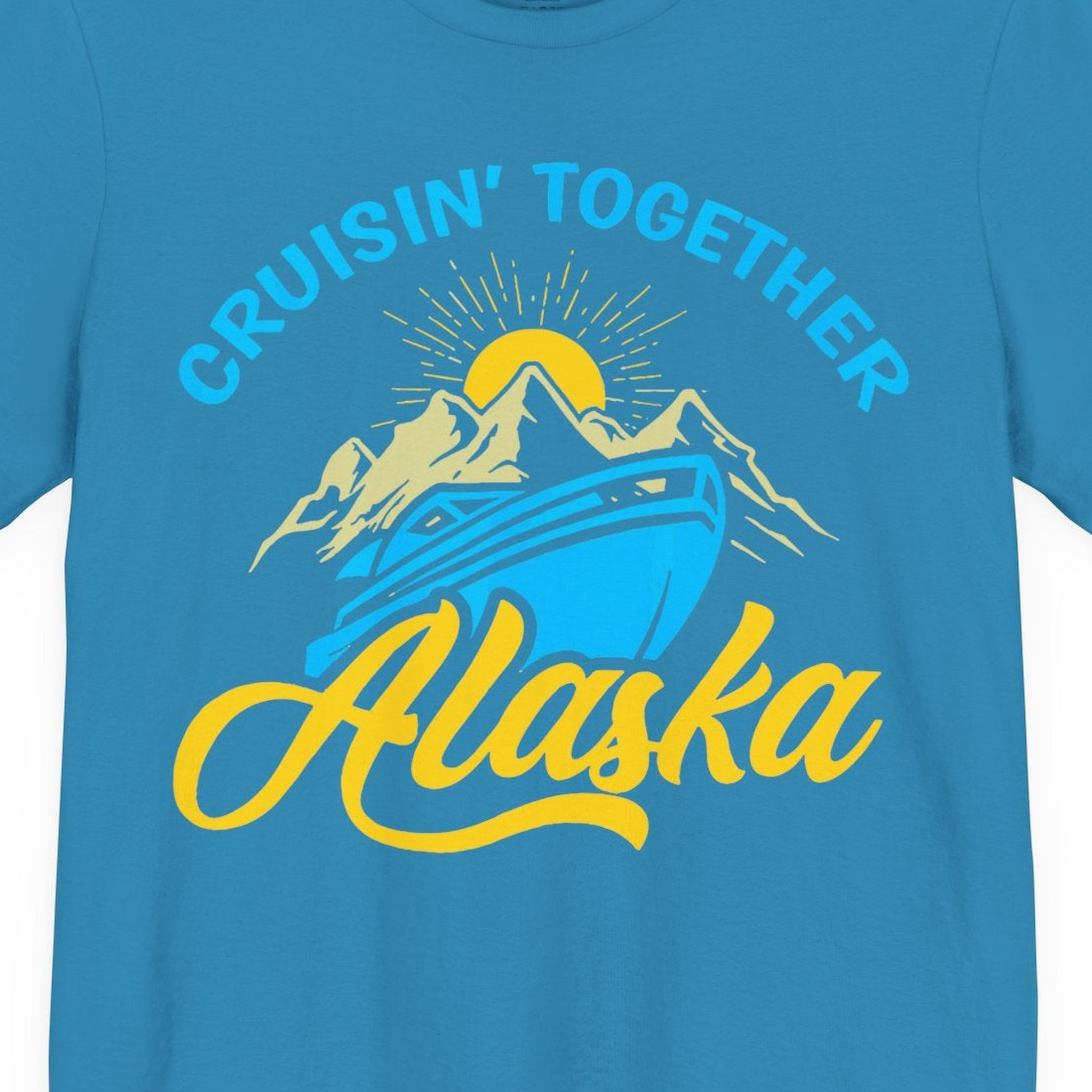 Alaska Cruise Adventure Mountains Sunrise Retro Shirt for Travelers — Premium Tee T-Shirt – Aqua – Alaska Cruise Shirts Close Up