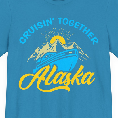 Alaska Cruise Adventure Mountains Sunrise Retro Shirt for Travelers — Premium Tee T-Shirt – Aqua – Alaska Cruise Shirts Close Up