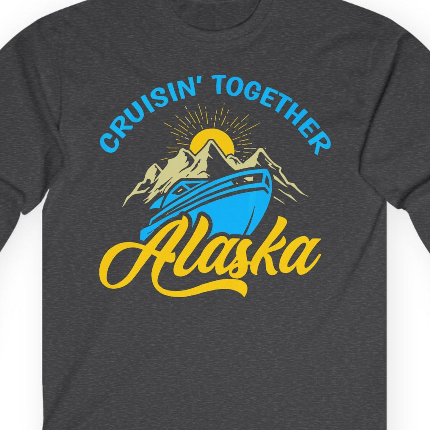 Alaska Cruise Adventure Mountains Sunrise Retro Shirt for Travelers — Long Sleeve T-Shirt – Dark Heather – Alaska Cruise Shirts Close Up