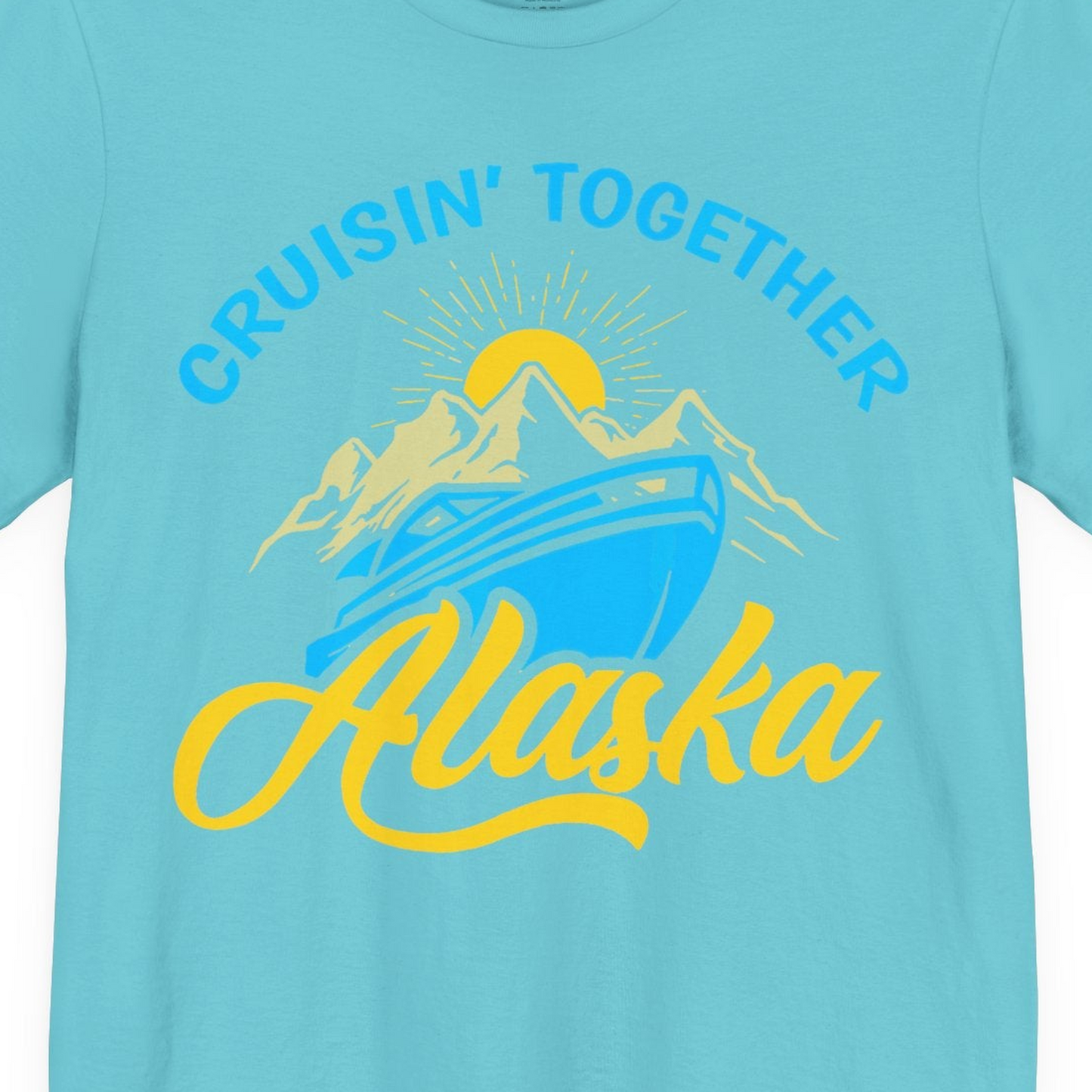 Alaska Cruise Adventure Mountains Sunrise Retro Shirt for Travelers — Premium Tee T-Shirt – Turquoise – Alaska Cruise Shirts Close Up