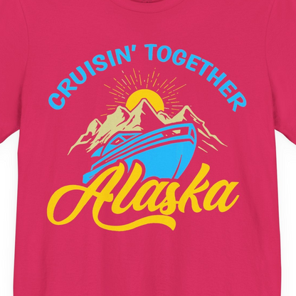 Alaska Cruise Adventure Mountains Sunrise Retro Shirt for Travelers — Premium Tee T-Shirt – Fuchsia – Alaska Cruise Shirts Close Up