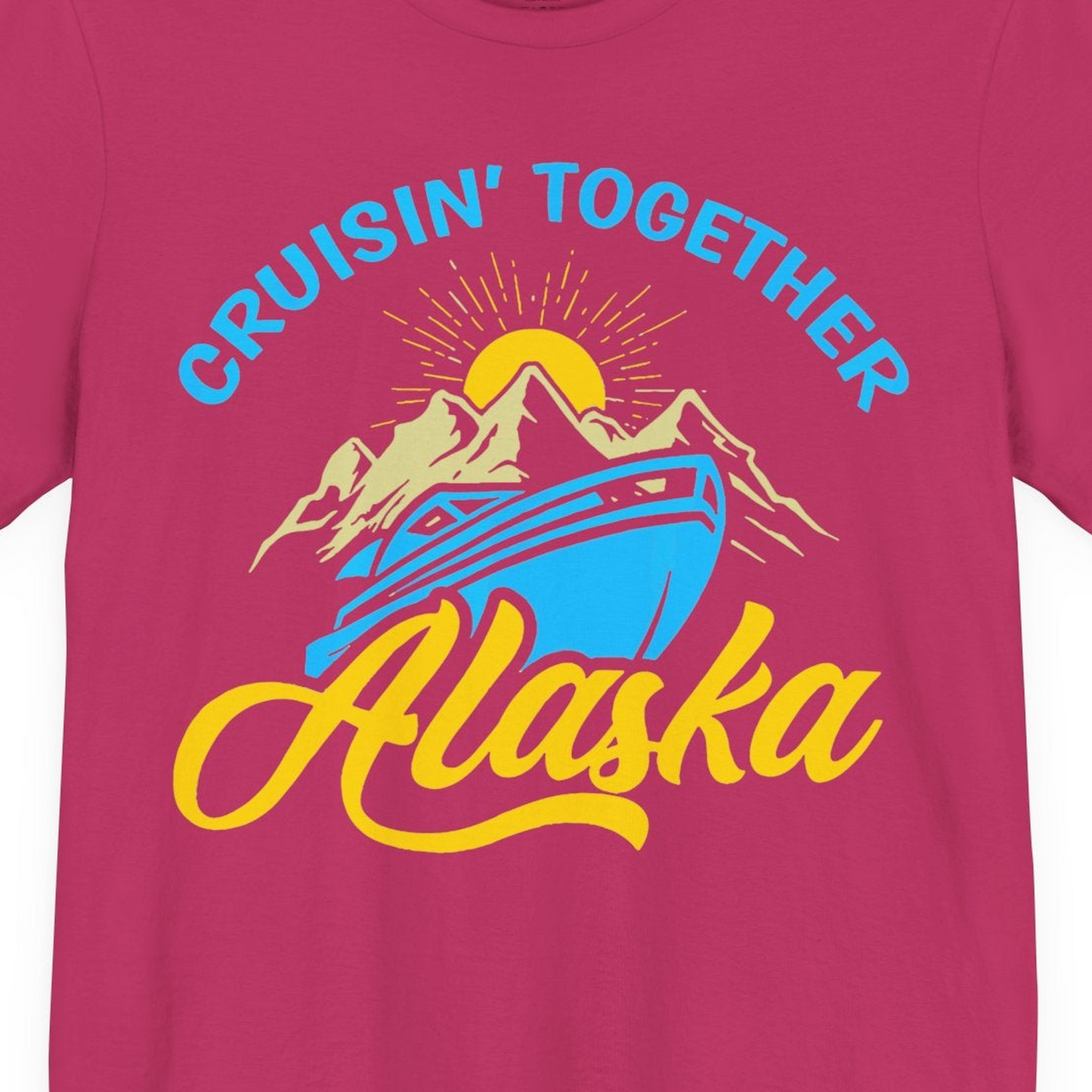 Alaska Cruise Adventure Mountains Sunrise Retro Shirt for Travelers — Premium Tee T-Shirt – Berry – Alaska Cruise Shirts Close Up