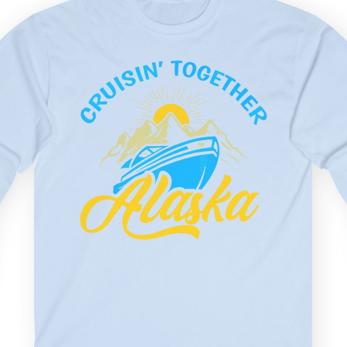 Alaska Cruise Adventure Mountains Sunrise Retro Shirt for Travelers — Long Sleeve T-Shirt – Light Blue – Alaska Cruise Shirts Close Up