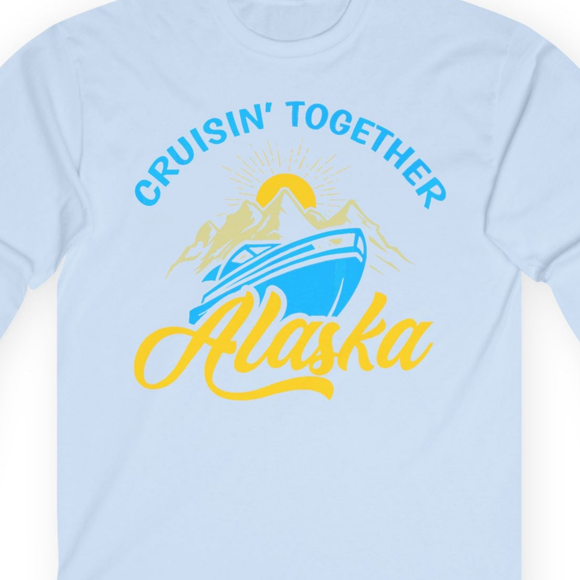 Alaska Cruise Adventure Mountains Sunrise Retro Shirt for Travelers — Long Sleeve T-Shirt – Light Blue – Alaska Cruise Shirts Close Up