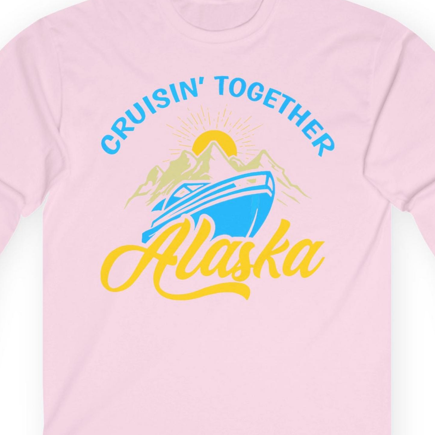 Alaska Cruise Adventure Mountains Sunrise Retro Shirt for Travelers — Long Sleeve T-Shirt – Light Pink – Alaska Cruise Shirts Close Up