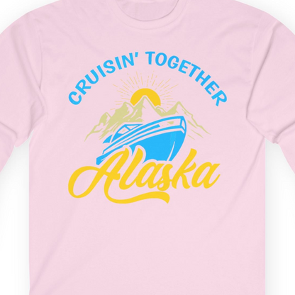 Alaska Cruise Adventure Mountains Sunrise Retro Shirt for Travelers — Long Sleeve T-Shirt – Light Pink – Alaska Cruise Shirts Close Up