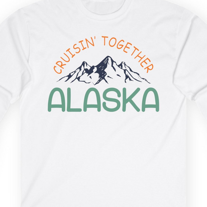 Cruisin Together Alaska Mountain Adventure Cruise Graphic Shirt — Long Sleeve T-Shirt – White – Alaska Cruise Shirts Close Up