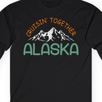Cruisin Together Alaska Mountain Adventure Cruise Graphic Shirt — Long Sleeve T-Shirt – Black – Alaska Cruise Shirts Close Up