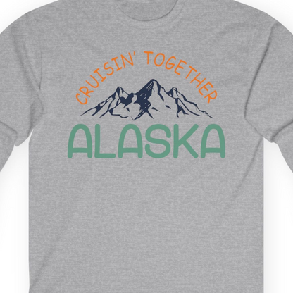 Cruisin Together Alaska Mountain Adventure Cruise Graphic Shirt — Long Sleeve T-Shirt – Sport Grey – Alaska Cruise Shirts Close Up