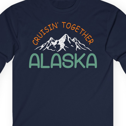 Cruisin Together Alaska Mountain Adventure Cruise Graphic Shirt — Long Sleeve T-Shirt – Navy – Alaska Cruise Shirts Close Up