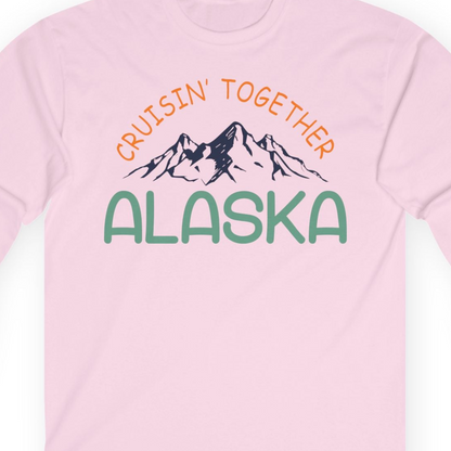 Cruisin Together Alaska Mountain Adventure Cruise Graphic Shirt — Long Sleeve T-Shirt – Light Pink – Alaska Cruise Shirts Close Up