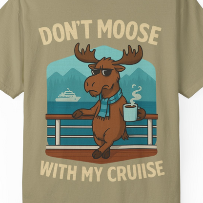 Funny Moose on Alaska Cruise Ship Shirt T-Shirt – Khaki – Alaska Cruise Shirts Close Up
