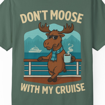 Funny Moose on Alaska Cruise Ship Shirt T-Shirt – Blue Spruce – Alaska Cruise Shirts Close Up