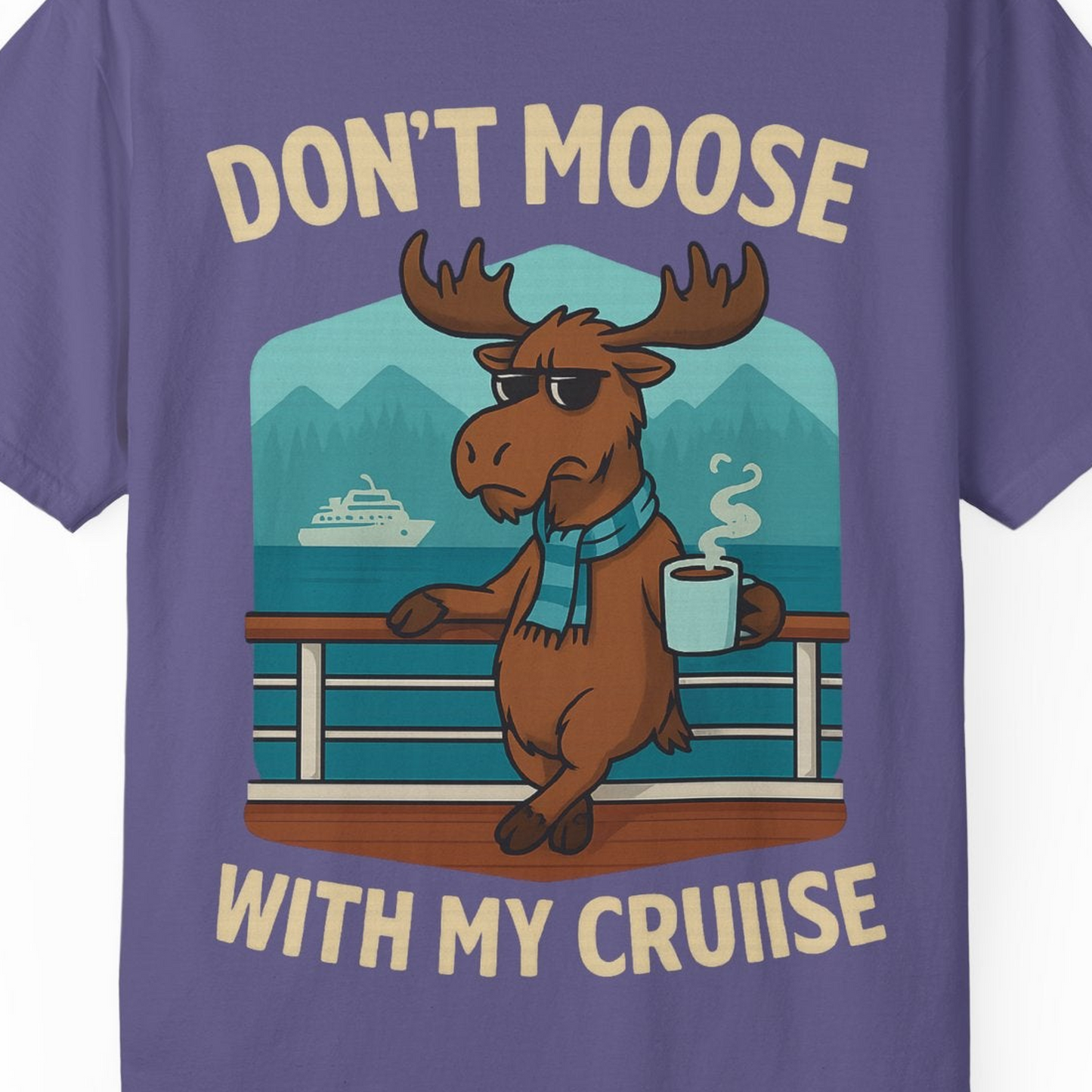 Funny Moose on Alaska Cruise Ship Shirt T-Shirt – Grape – Alaska Cruise Shirts Close Up