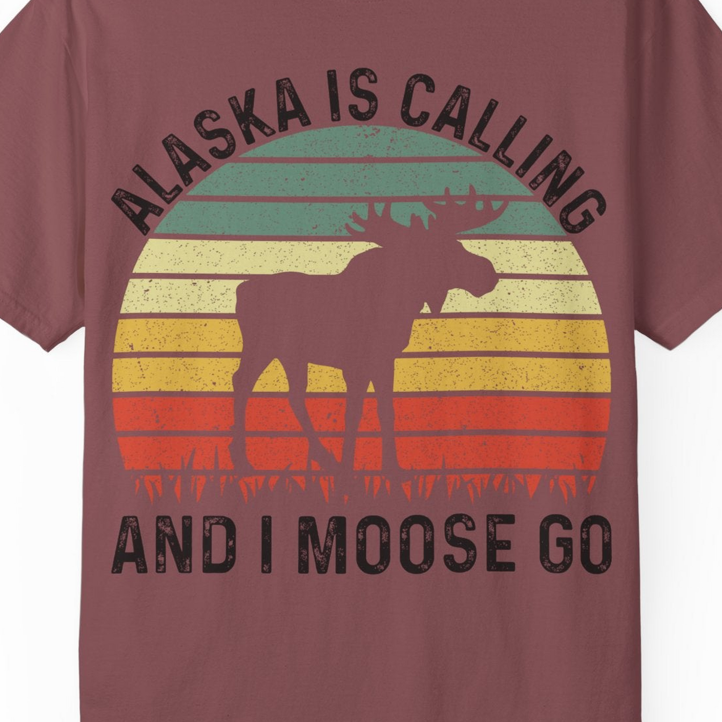 Alaska Is Calling And I Moose Go Retro Sunset Moose Graphic Shirt — Comfort T-Shirt – Brick – Alaska Cruise Shirts Close Up