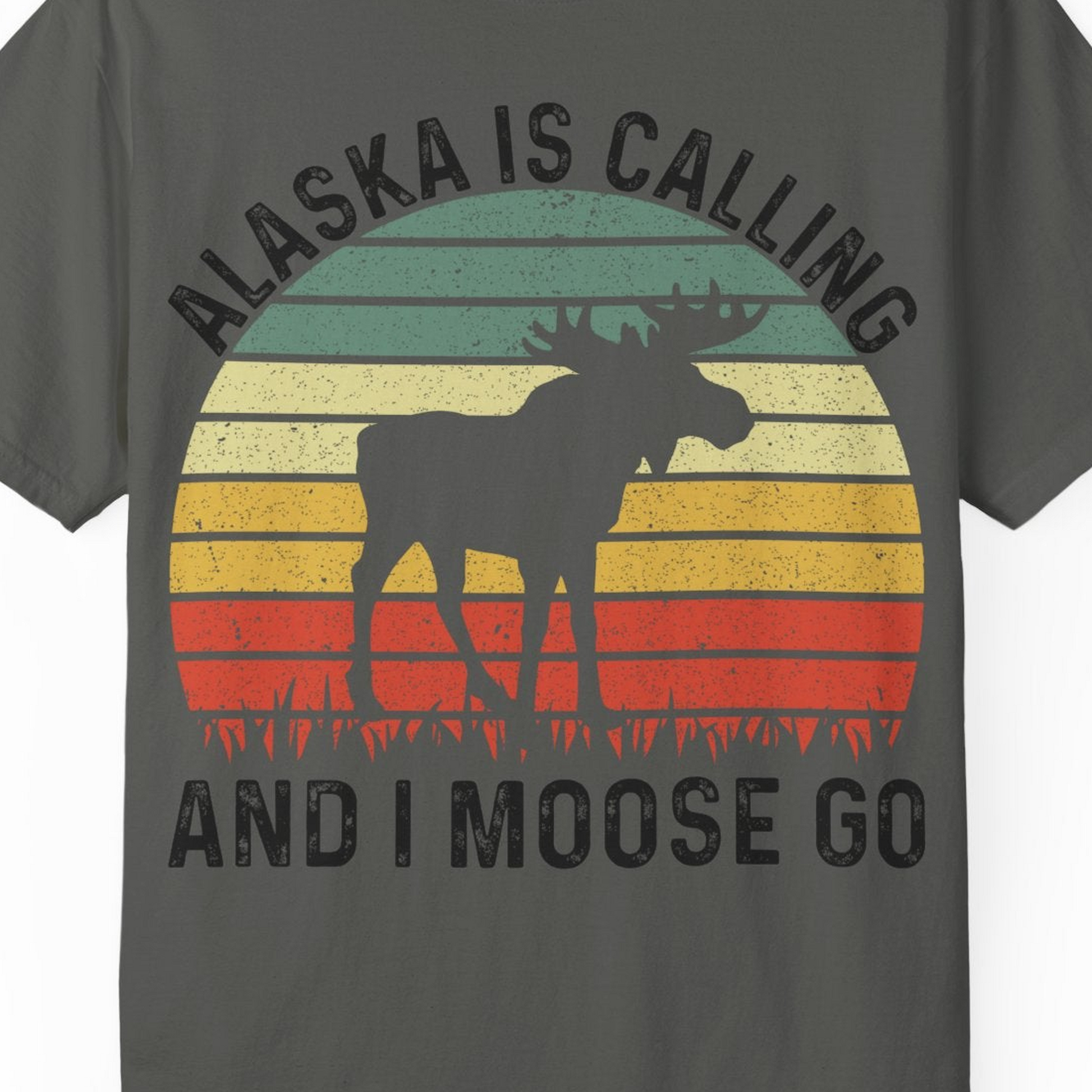 Alaska Is Calling And I Moose Go Retro Sunset Moose Graphic Shirt — Comfort T-Shirt – Pepper – Alaska Cruise Shirts Close Up