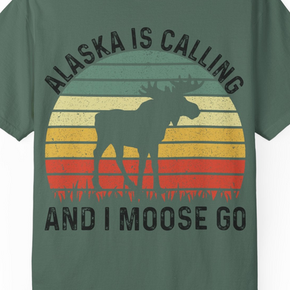 Alaska Is Calling And I Moose Go Retro Sunset Moose Graphic Shirt — Comfort T-Shirt – Blue Spruce – Alaska Cruise Shirts Close Up