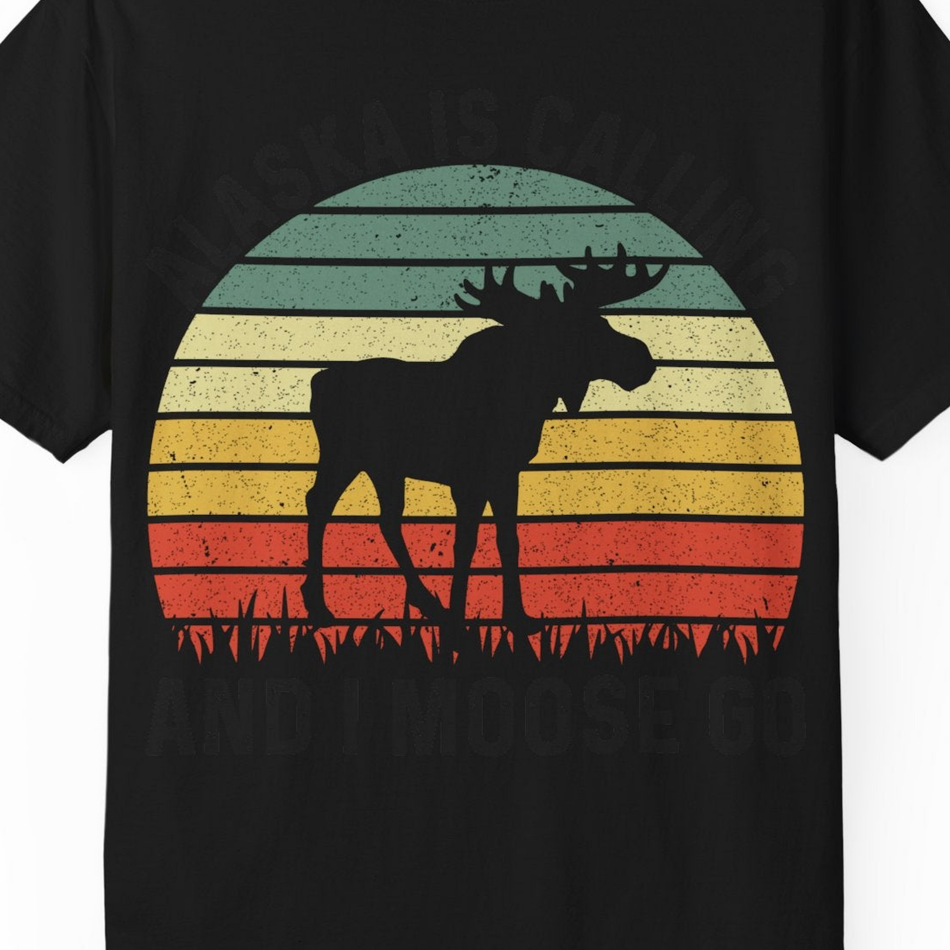 Alaska Is Calling And I Moose Go Retro Sunset Moose Graphic Shirt — Comfort T-Shirt – Black – Alaska Cruise Shirts Close Up