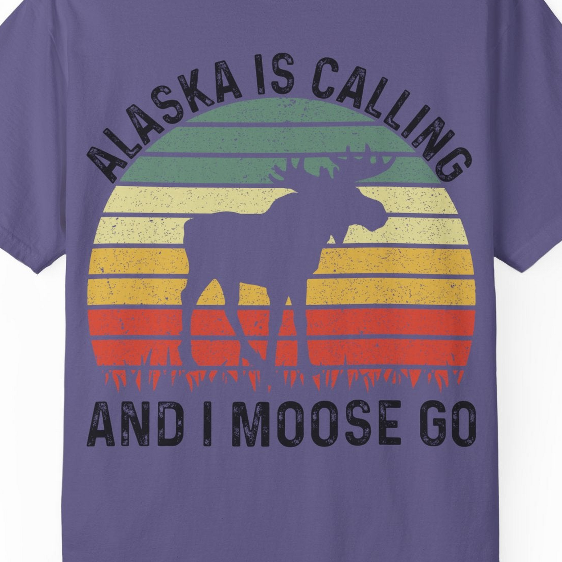 Alaska Is Calling And I Moose Go Retro Sunset Moose Graphic Shirt — Comfort T-Shirt – Grape – Alaska Cruise Shirts Close Up