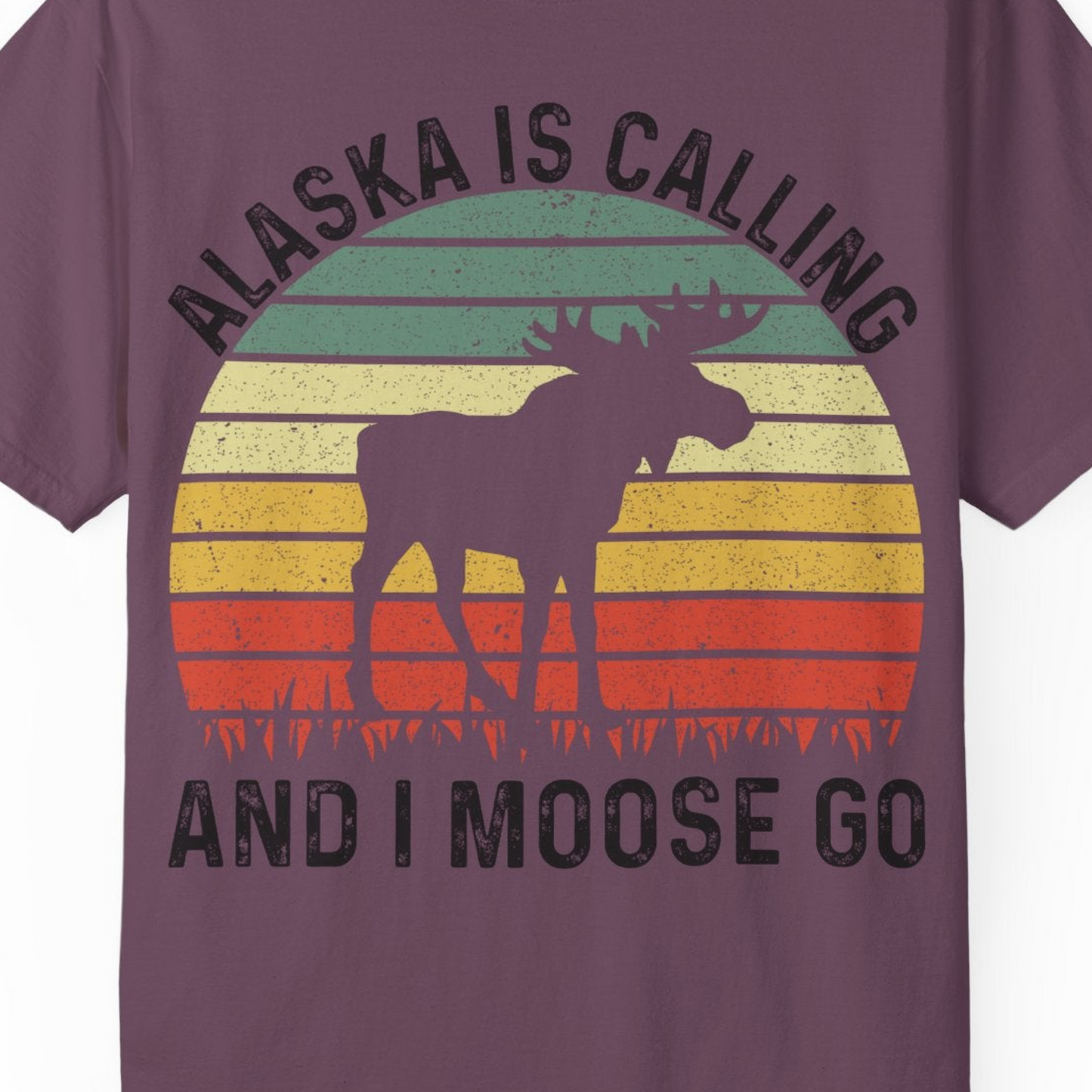 Alaska Is Calling And I Moose Go Retro Sunset Moose Graphic Shirt — Comfort T-Shirt – Berry – Alaska Cruise Shirts Close Up