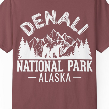 Denali National Park Bear Mountains Vintage Alaska Nature Shirt — Comfort T-Shirt – Brick – Alaska Cruise Shirts Close Up