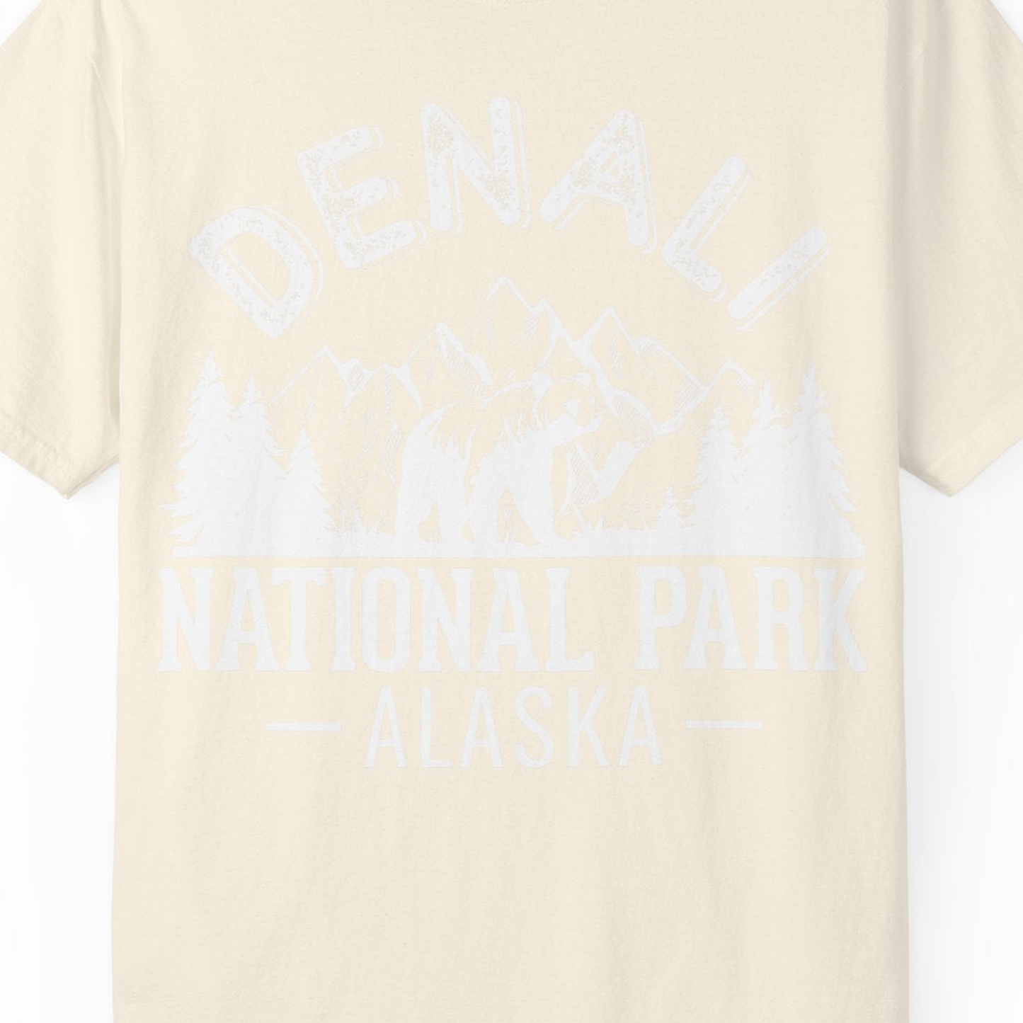 Denali National Park Bear Mountains Vintage Alaska Nature Shirt — Comfort T-Shirt – Ivory – Alaska Cruise Shirts Close Up