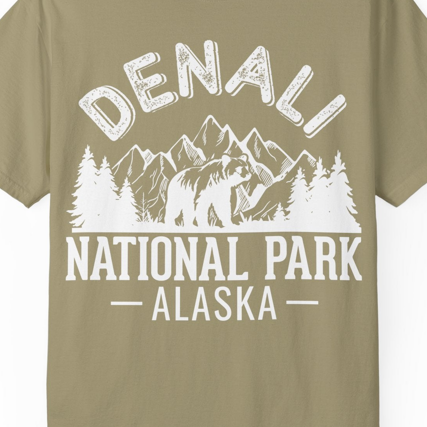 Denali National Park Bear Mountains Vintage Alaska Nature Shirt — Comfort T-Shirt – Khaki – Alaska Cruise Shirts Close Up