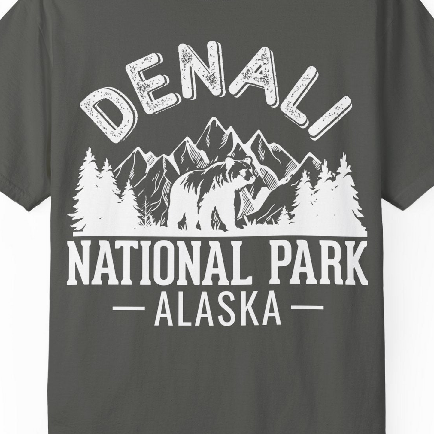 Denali National Park Bear Mountains Vintage Alaska Nature Shirt — Comfort T-Shirt – Pepper – Alaska Cruise Shirts Close Up
