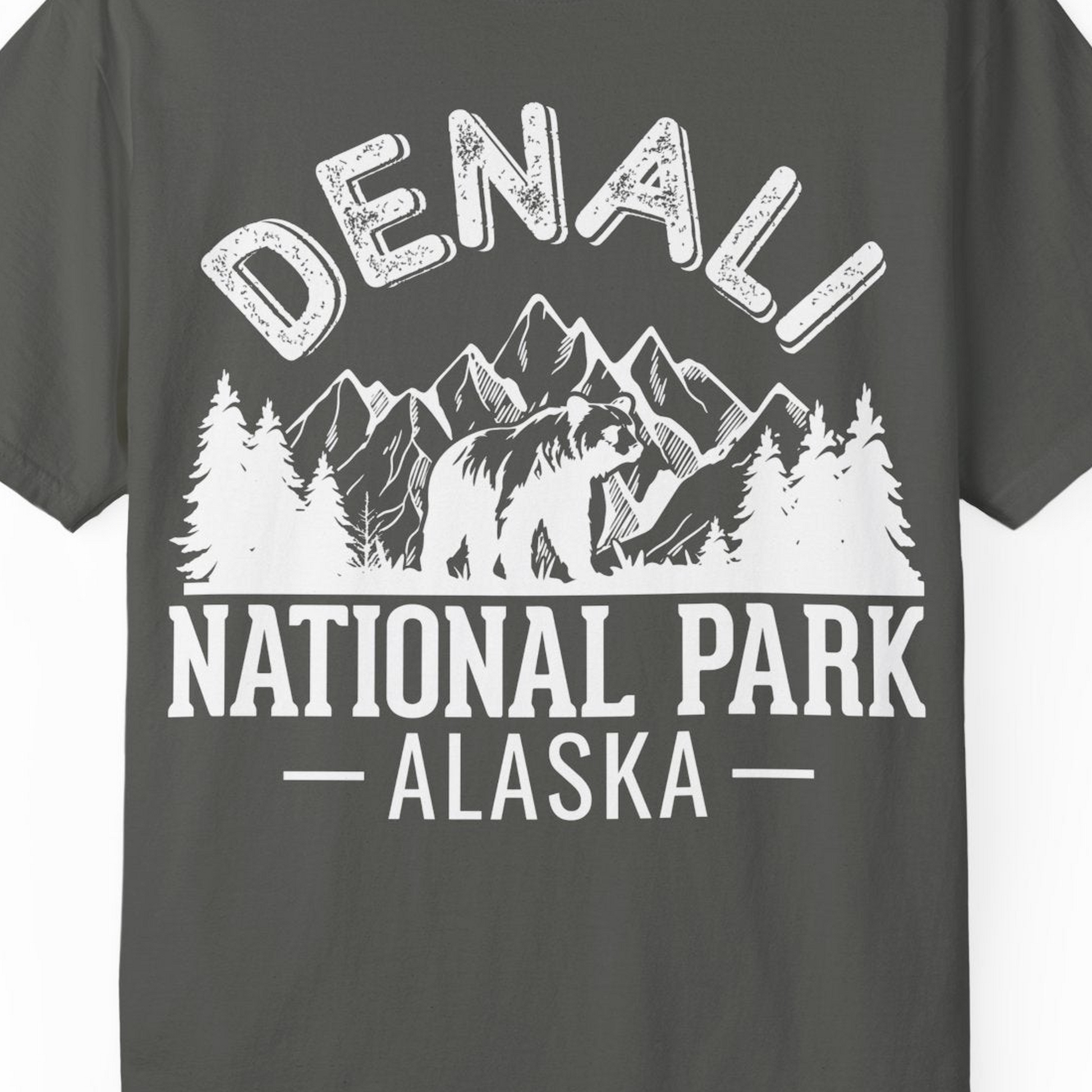 Denali National Park Bear Mountains Vintage Alaska Nature Shirt — Comfort T-Shirt – Pepper – Alaska Cruise Shirts Close Up